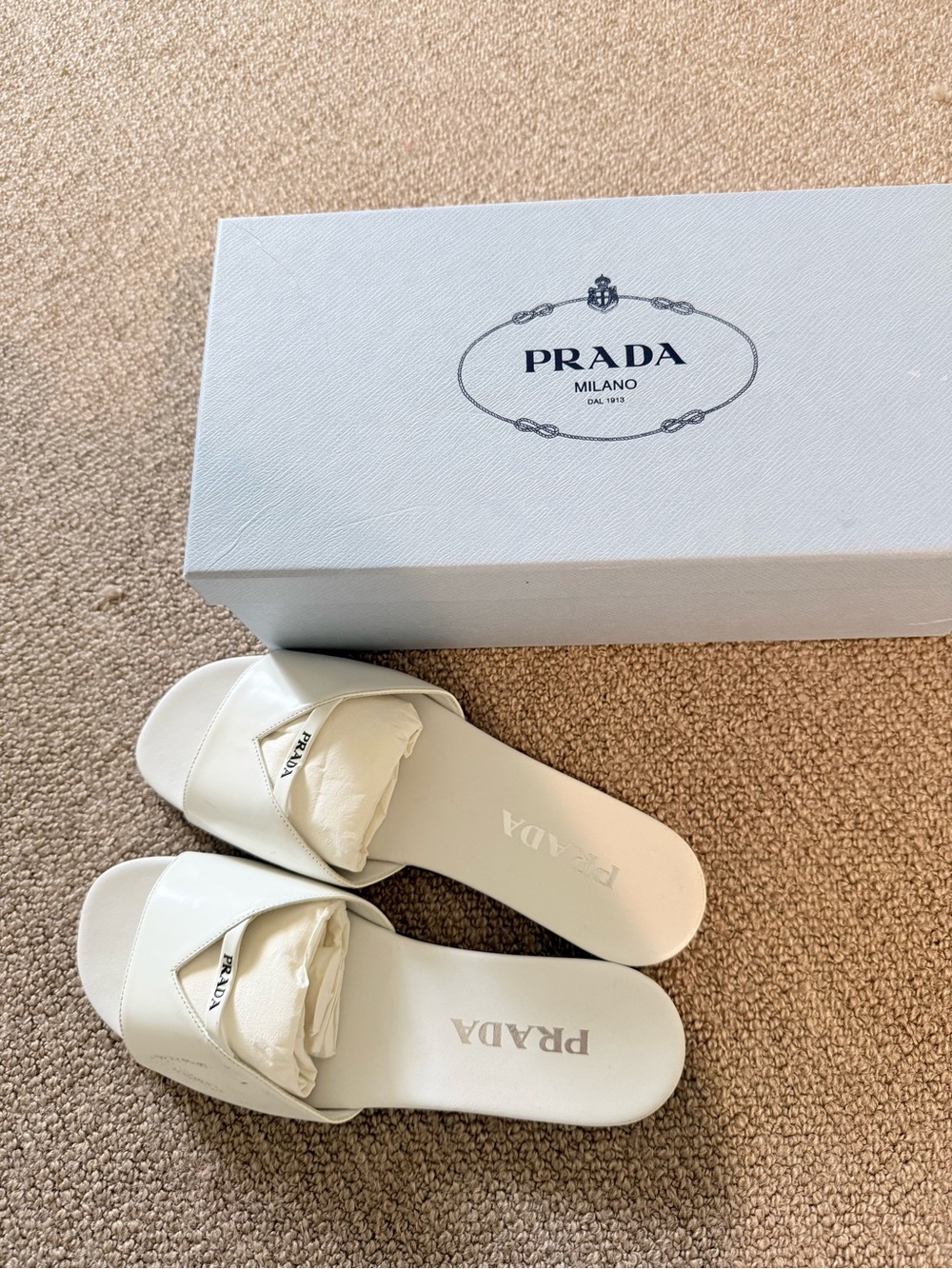 Prada White Leather Slide Sandals